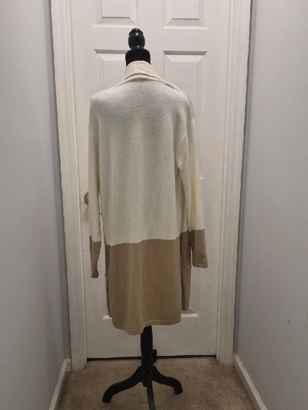 S2- Cream and Tan Open Front Long Cardigan - sz L - Picture 5 of 7
